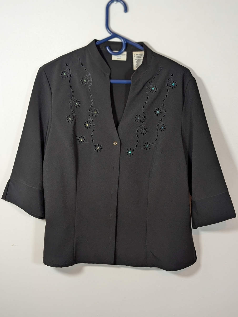 Covington Black Button-Front Blouse with Cutwork Floral Accents